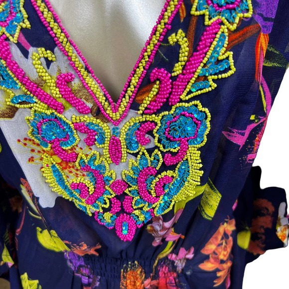 Rise and bloom boho beaded floral kimono top or cover up small - Picture 6 of 9